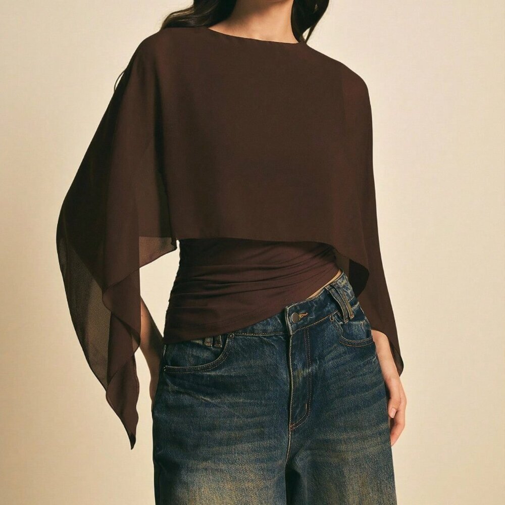 Brown Casual Elegant Women's Shawl Collar Batwing Sleeve Top - Picture 5 of 7